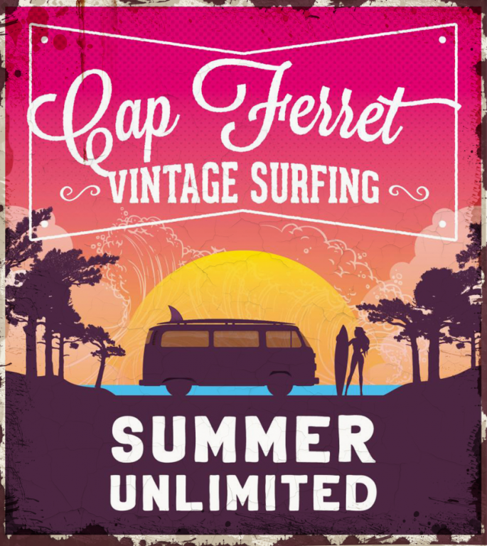 Plaque métal Garage déco vintage "Vintage Surfing Cap Ferret"