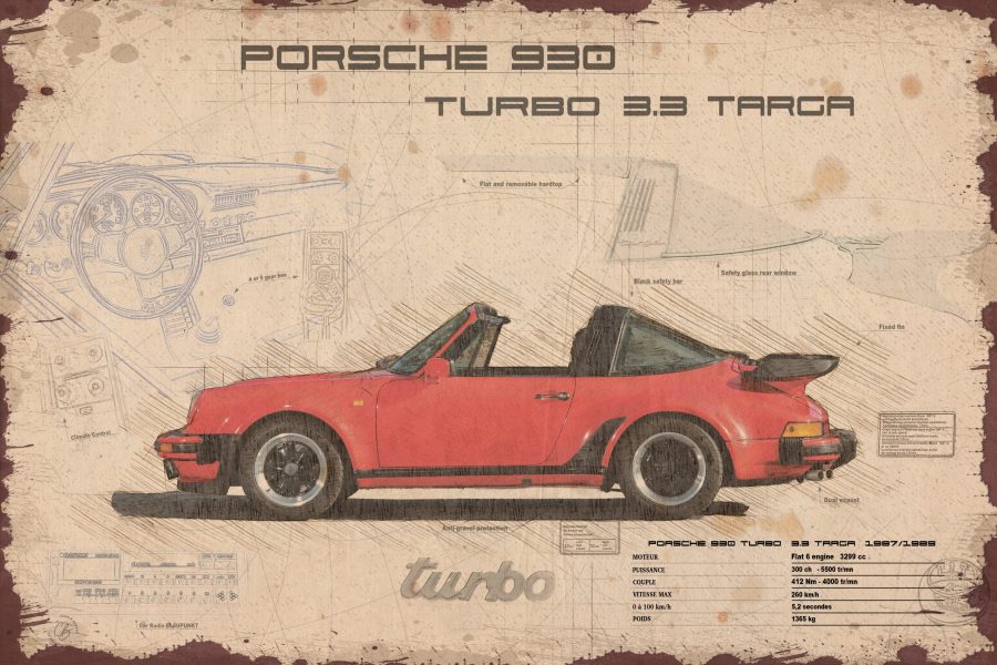 Plaque métal de garage Porsche 930 Targa Turbo de 30X45 cm