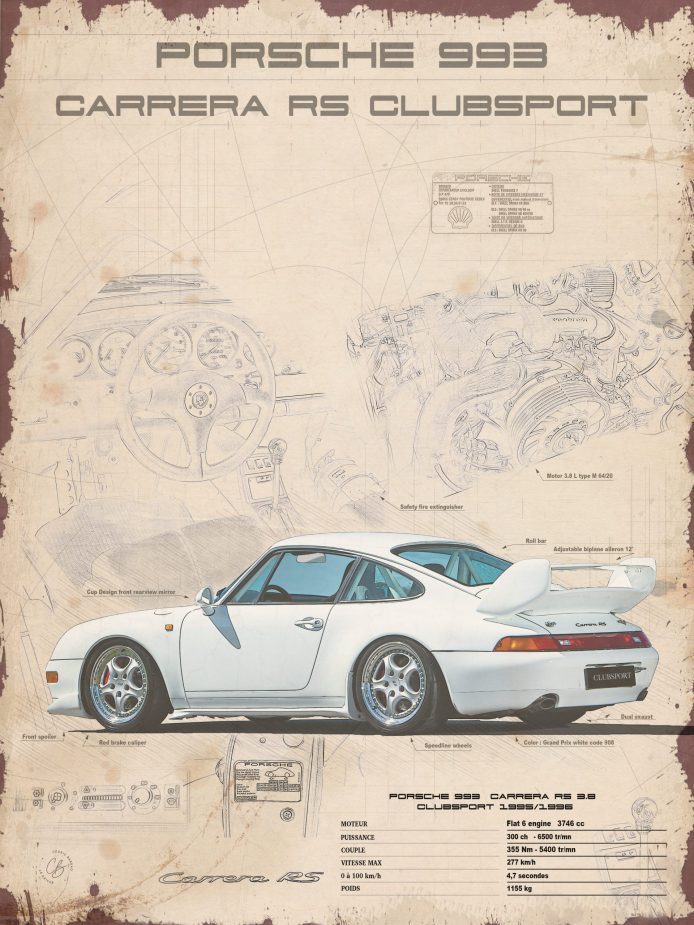 plaque porsche 993 blanche carrera rs clubsport 30x40cm