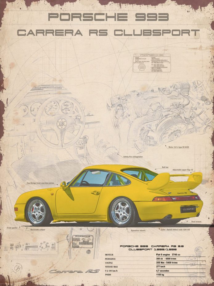 plaque porsche 993 jaune carrera rs clubsport 30x40cm