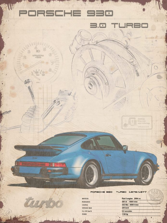 Plaque métal de garage Porsche 930 3.0 Turbo de 30X40 cm