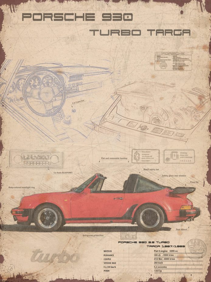 Plaque métal de garage Porsche 930 Targa Turbo de 30X40 cm